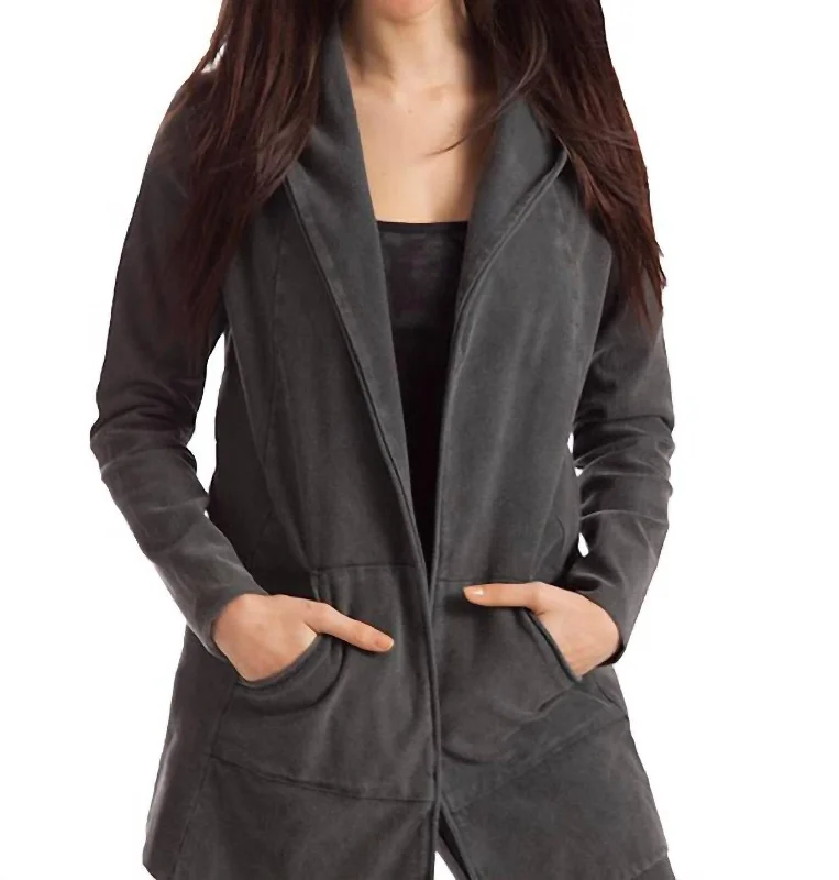 Monica Hooded Draped Cardigan In Charcoal Modern Contemporary chic