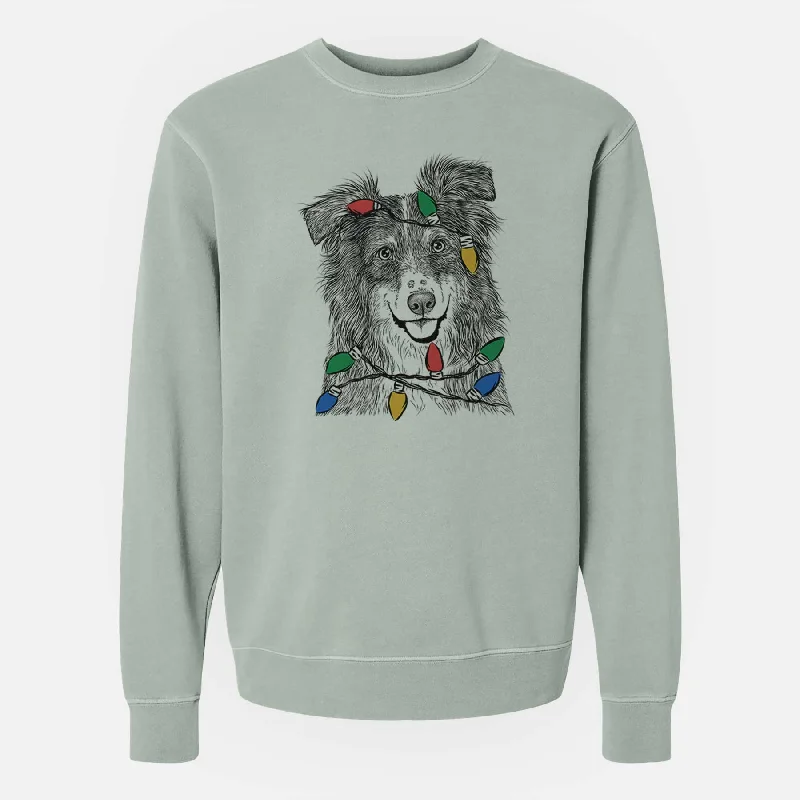 Christmas Lights Aushe the Australian Shepherd - Unisex Pigment Dyed Crew Sweatshirt Hoodie with Turtle Neck Cozy Winter