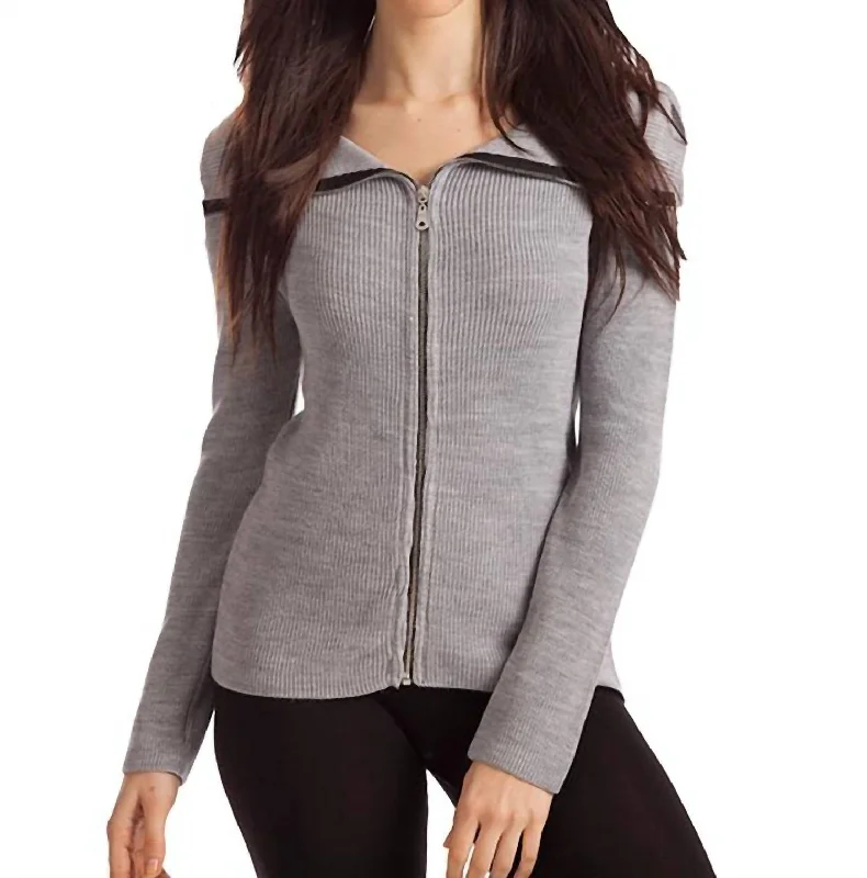 Amaya Zip Front Cardigan In Gray Cable Knit Ribbed Knit Lace Knit