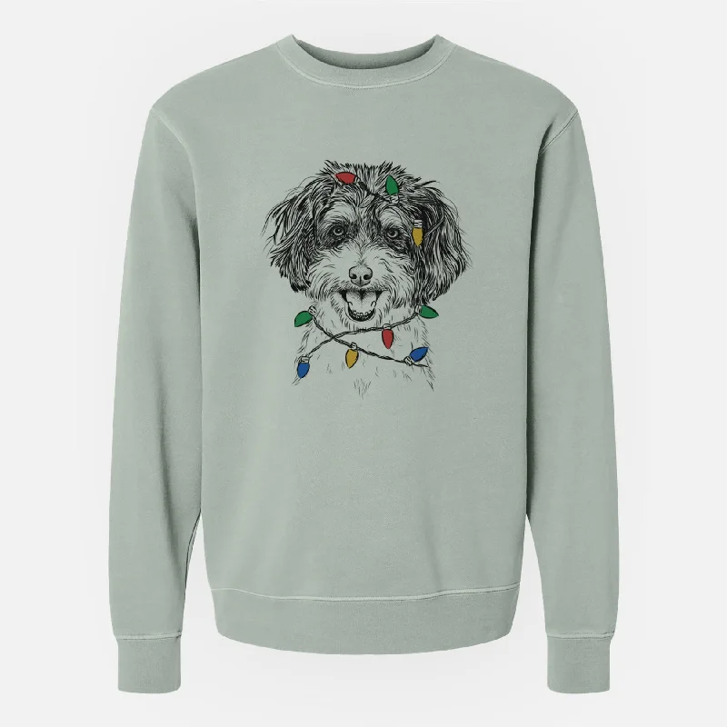 Christmas Lights Carlos the Cavapoo - Unisex Pigment Dyed Crew Sweatshirt Hoodie with Rolled Sleeves Casual Relaxed