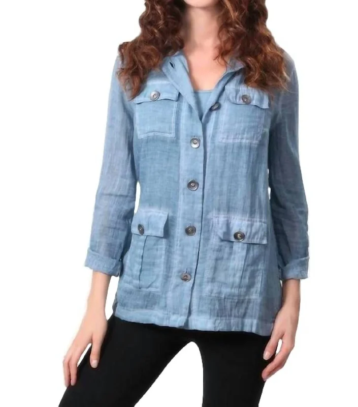 Oil Wash Hooded Button-Up Cardigan In Denim Herringbone Houndstooth Plaid