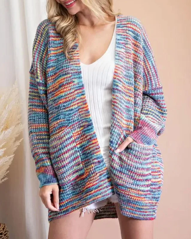 Open-Front Knit Cardigan In Rainbow Silk Blend Satin Velvet