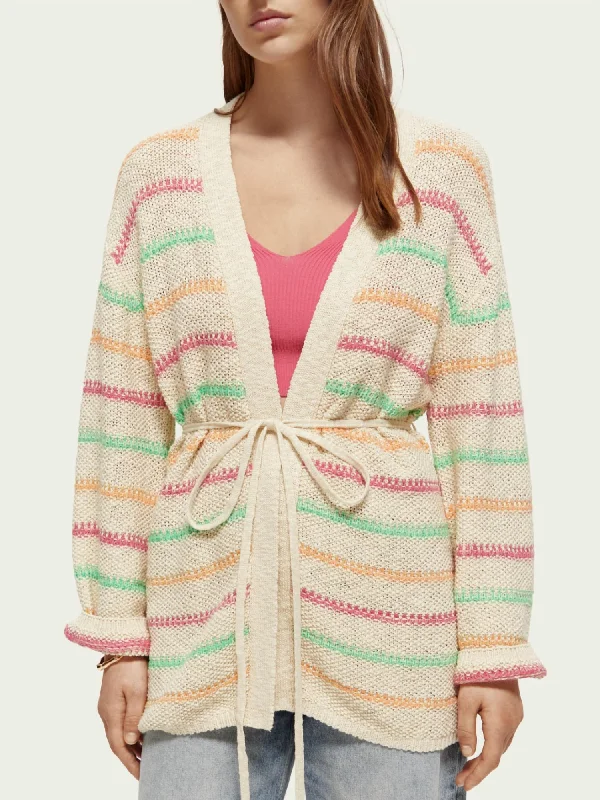 Striped Belted Cardigan In Natural Terry Terry Cloth Terry Knit