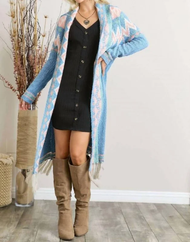 Pastel Tassel Tribal Cardigan In Sky Blue Open Front Closed Front Wrap Front