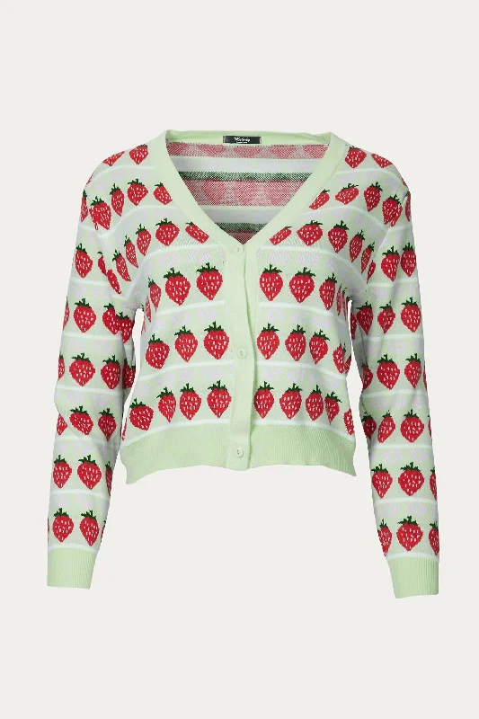 Cropped Retro Strawberry Cardigan In Green Fleece Cardigan Nylon Polyester