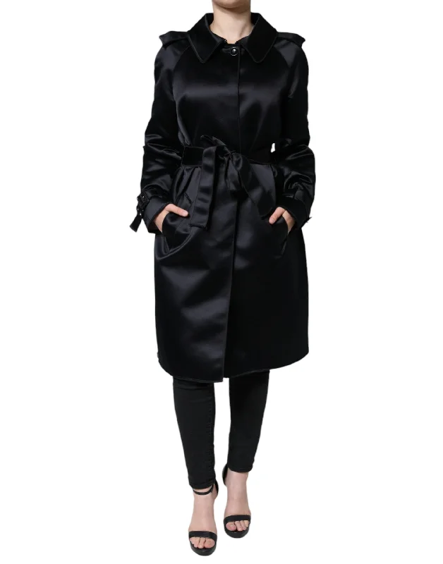 Black Polyester Organza Belted Coat Jacket Toggled Jacket Drawstring Jacket Belted Jacket