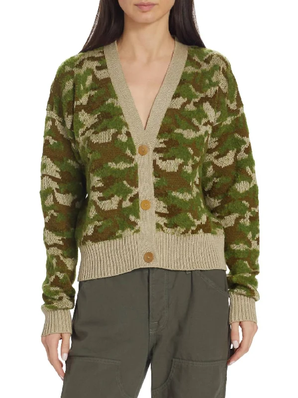 Rangu Crop Cardigan In Camo Jacquard Polka Dot Checkered Tartan