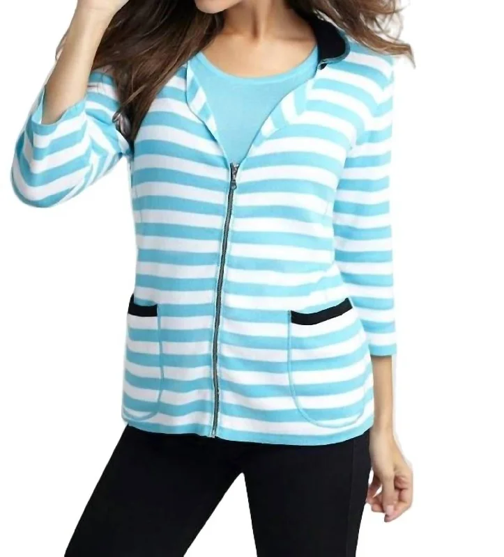 Colorblock Striped Cardigan In White/turquoise Herringbone Houndstooth Plaid