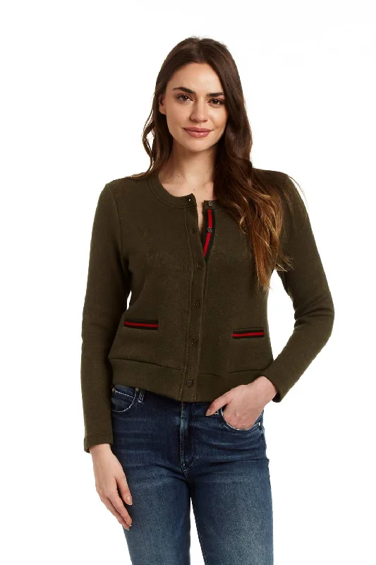 Tracy Ribbon Trim Cardigan In Army Satin Fabric Silk Fabric Chiffon Fabric