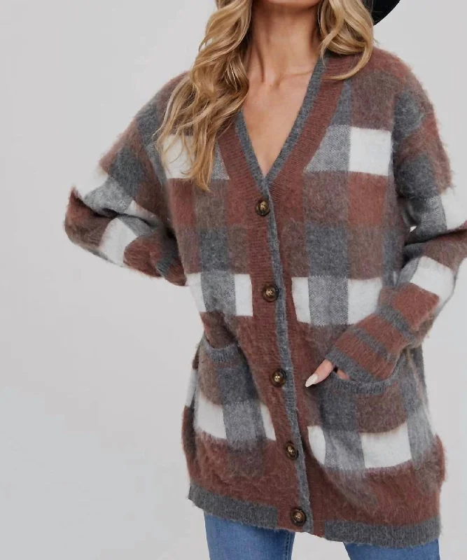 Tartan Plaid Print Cardigan In Brown Multi Solid Color Striped Floral Print