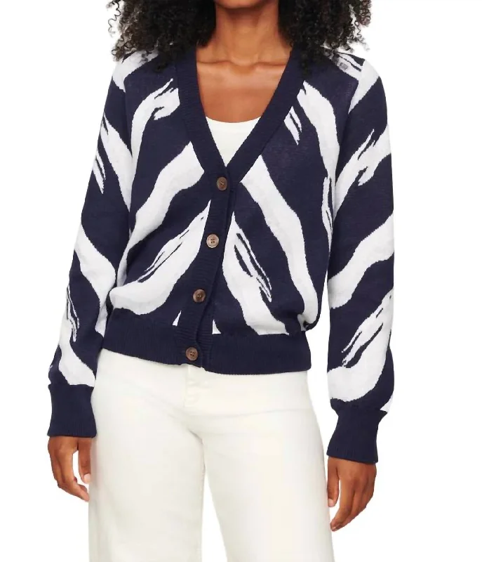 Mila Zebra Vee Cardigan In Midnight Multi Print Jacquard Patchwork