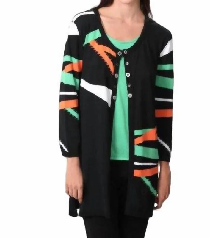 Retro Brights Long Cardigan In Black/orange Thin Thick Dense