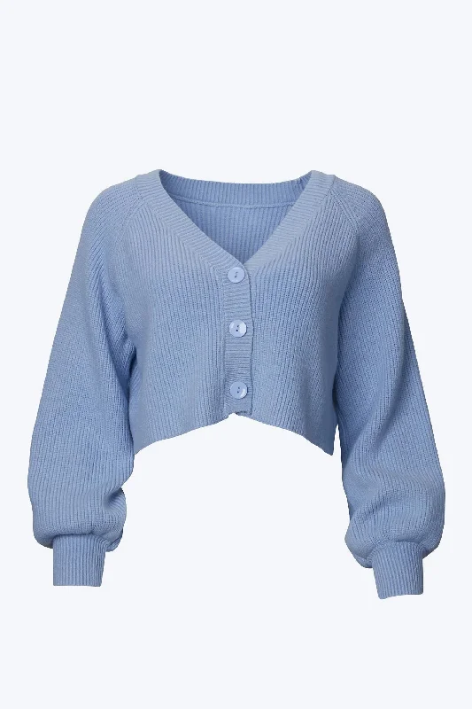 Cropped Slouchy Ribbed-Knit Cardigan In Blue Chenille Brocade Lace