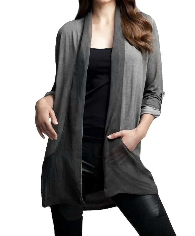 Slash Back Cardigan In Charcoal Glossy Satin Silk