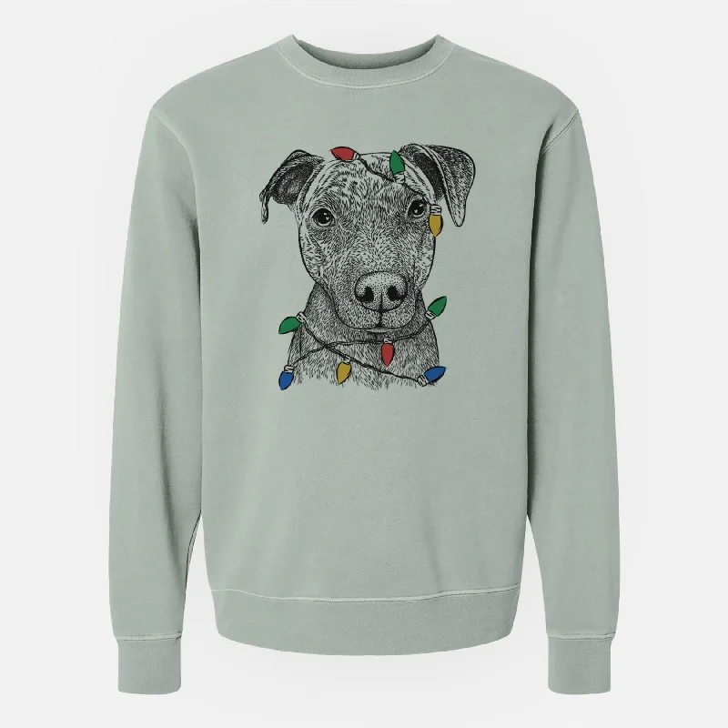 Christmas Lights Reeses the Pitbull - Unisex Pigment Dyed Crew Sweatshirt Hoodie with Hem Fringe Bohemian Relaxed