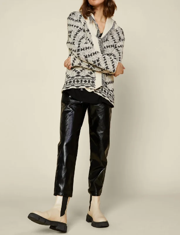 Carthage Open Knit Cardigan In Black/ivory Real Fur Shearling Chenille