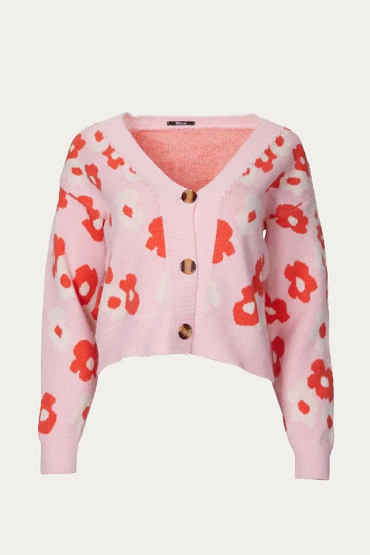 Retro Knit Floral Cardigan In Pink Hooded Cardigan Collared Cardigan Shawl Collar