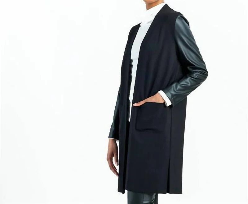 Ponte + Liquid Leather Sleeve Cardigan In Black Zippered Front Buttoned Front Snap Front