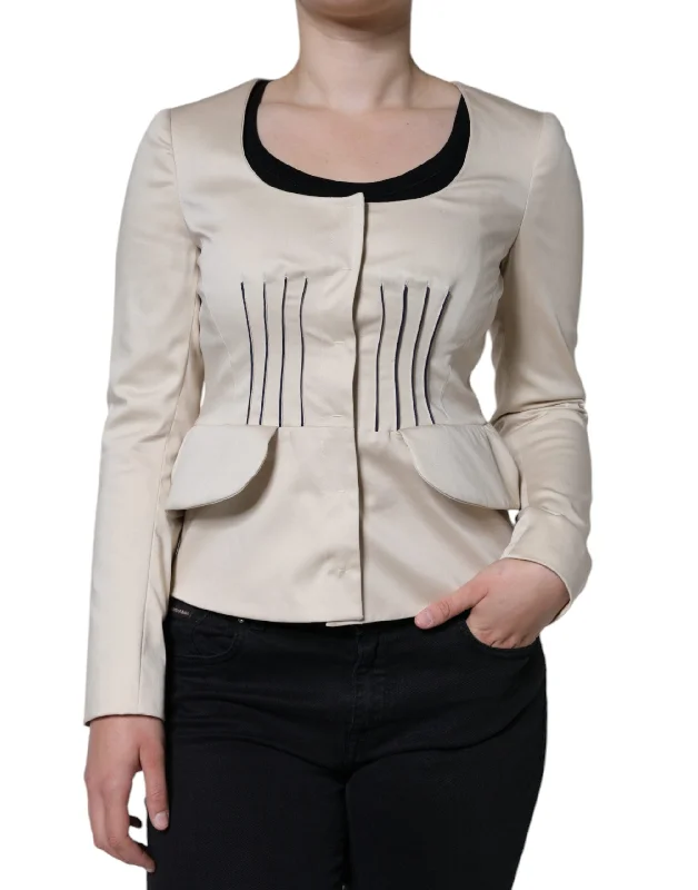 Beige Cotton Long Sleeves Round Neck Blazer Jacket One-Shoulder Jacket Off-the-Shoulder Jacket Asymmetrical Jacket