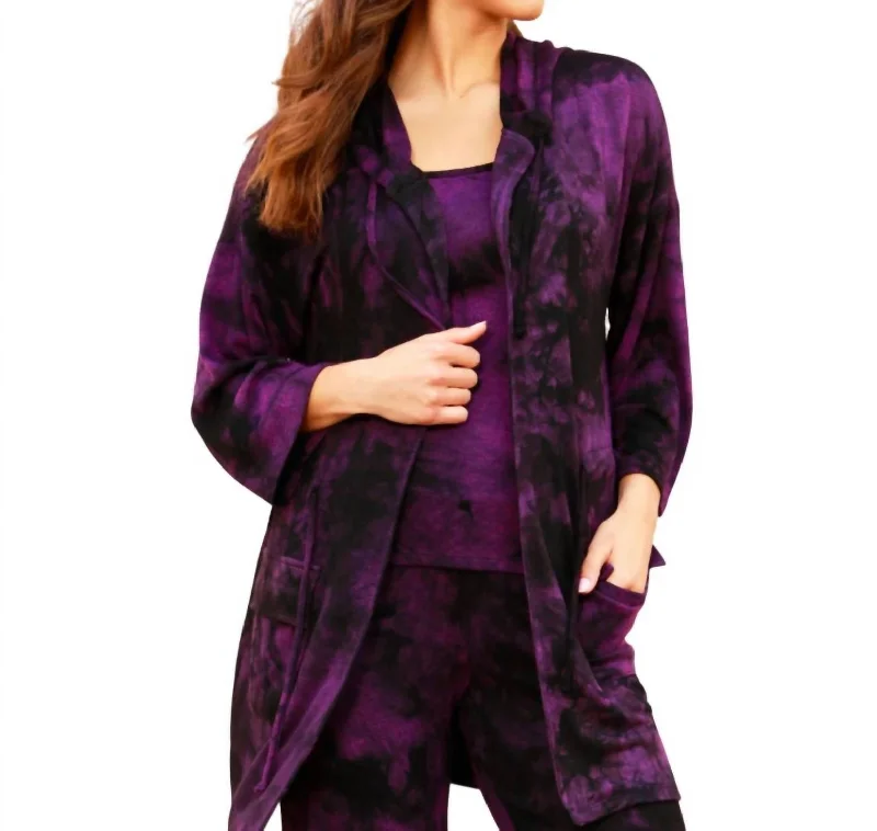 Marble Wash Drawstring Cardigan In Grape Mesh Blend Leather Blend Suede Blend