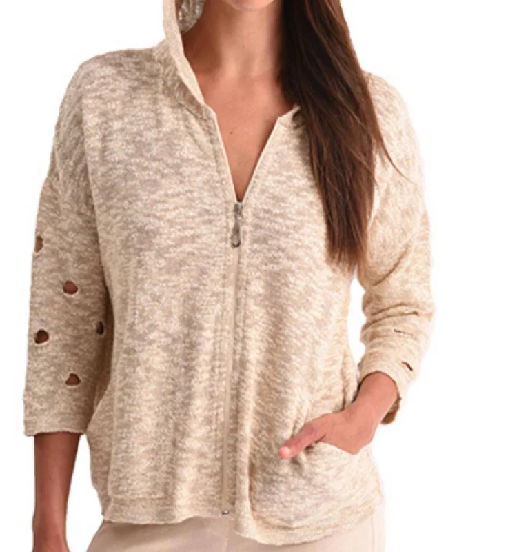 Crochet Cut Out Hooded Zip Cardigan In Sand Collared Crew Neck Turtle Neck