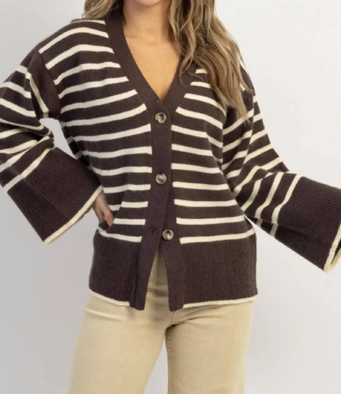 Presley Stripe Bell Cardigan In Espresso Cardigan Knitwear Sweater