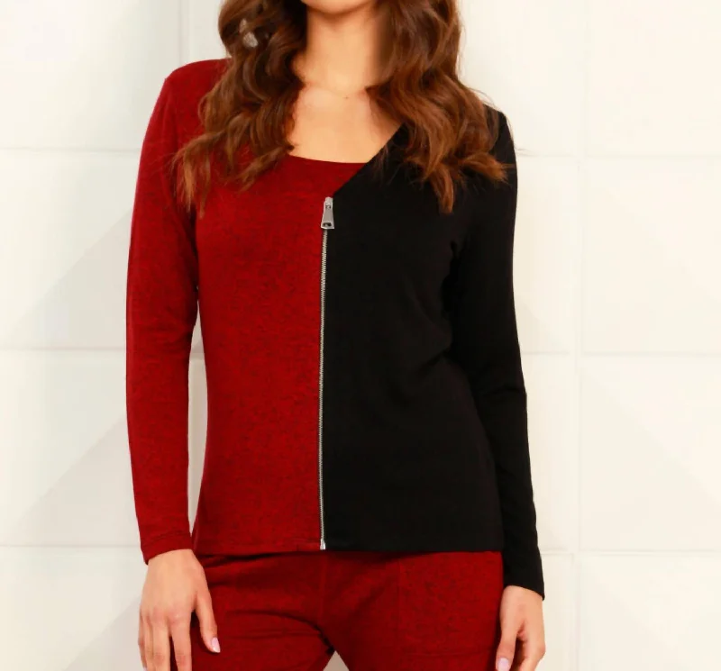 Color Block V-Neck Zip Cardigan In Black/wine Elasticated Padded Insulated