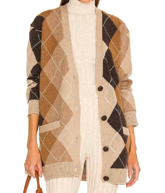 Sofhie Argyle Cardigan In Cognac & Nutmeg Argyle Notch Collar Peter Pan Collar Cowl Neck