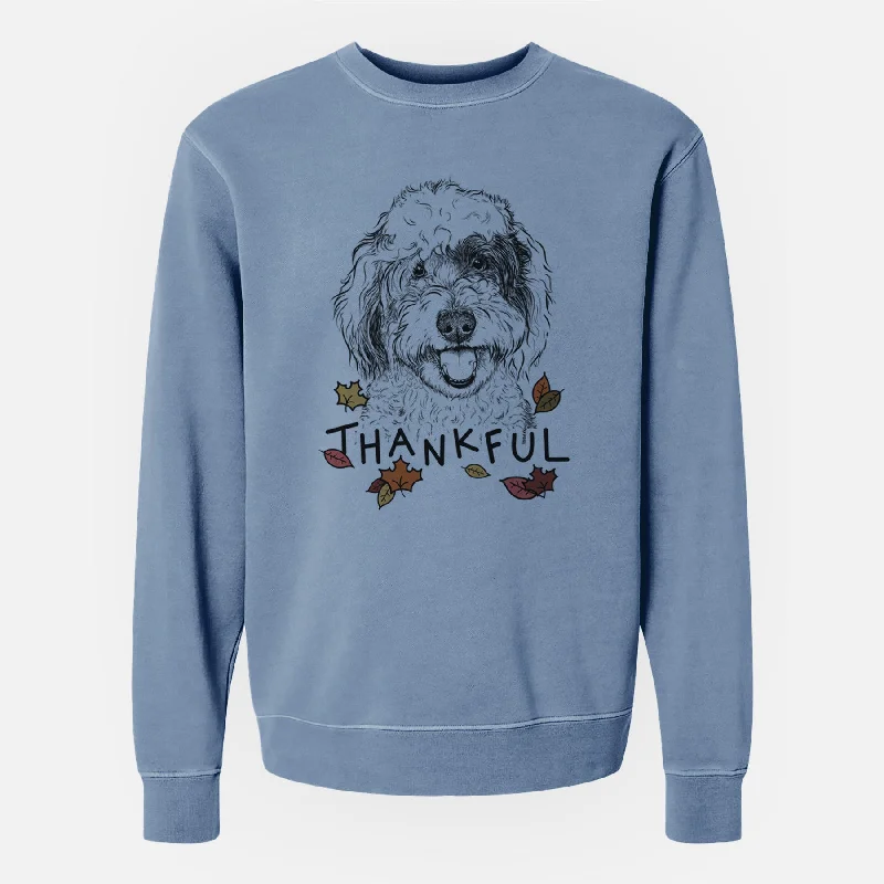 Thankful Sherlock the Sheepadoodle - Unisex Pigment Dyed Crew Sweatshirt Hoodie with Elastic Cuffs Stretchable Comfortable