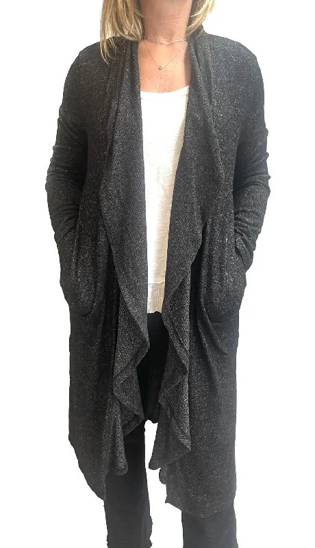 Auden Super Soft Long Drape Cardigan In Black Onyx Nylon Fabric Polyester Fabric Spandex Fabric