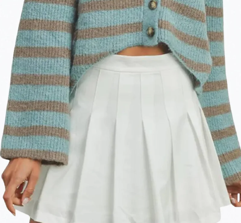 Cropped High-Low Striped Cardigan In Sky Blue/grey Real Fur Shearling Chenille