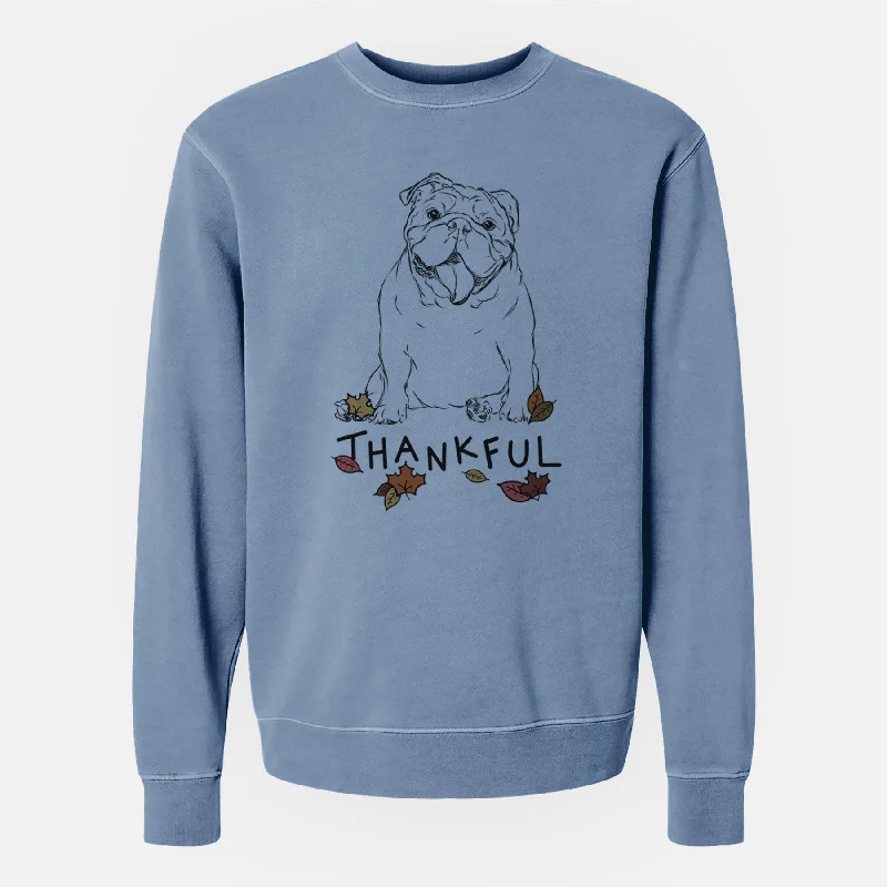 Thankful Tank the English Bulldog - Unisex Pigment Dyed Crew Sweatshirt Hoodie with Frayed Bohemian Relaxed