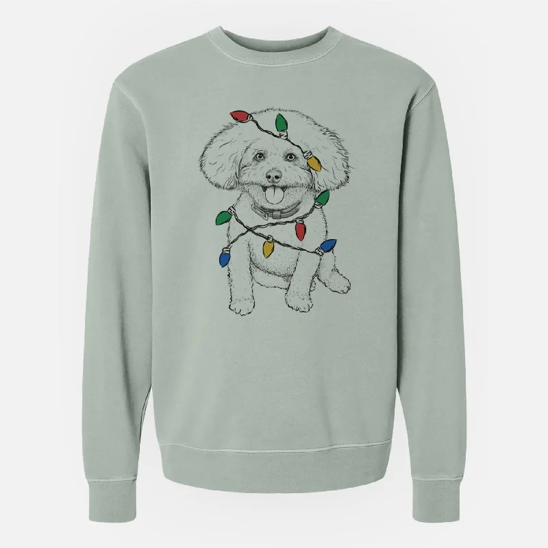 Christmas Lights Peyton the Bichon Frise - Unisex Pigment Dyed Crew Sweatshirt Hoodie with Camouflage Military Edgy