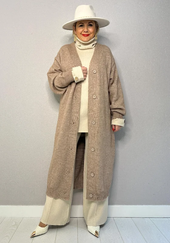 Serafina Collection One Size Long Knit Cardigan, Taupe Asymmetrical,ymmetric Pencil Cardigan