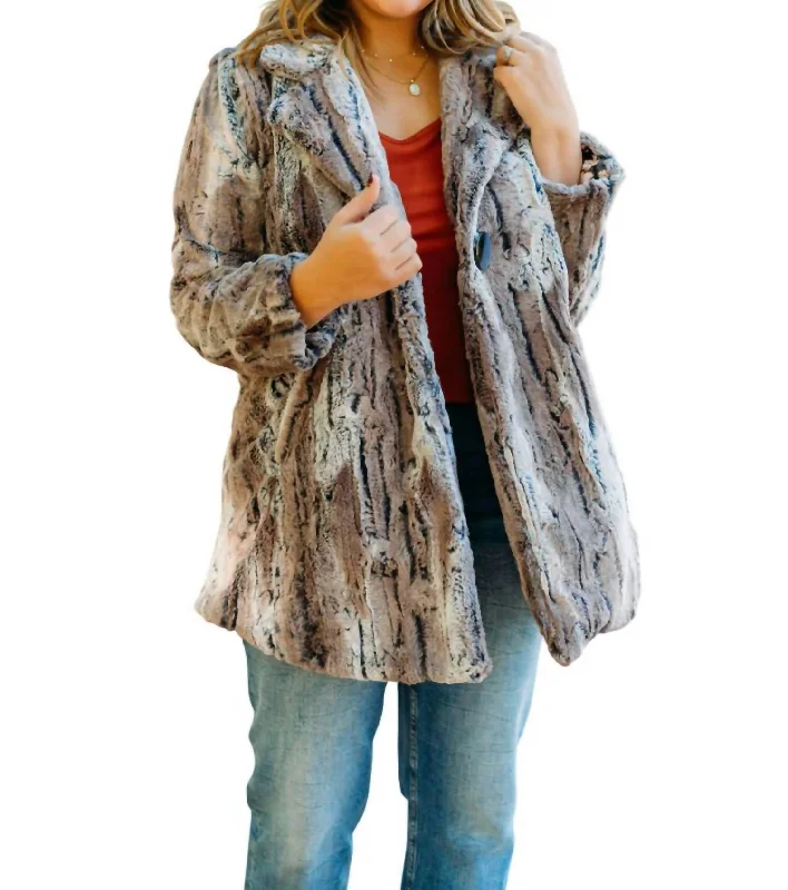 Fur Coat In Pewter Plaid Tartan Floral