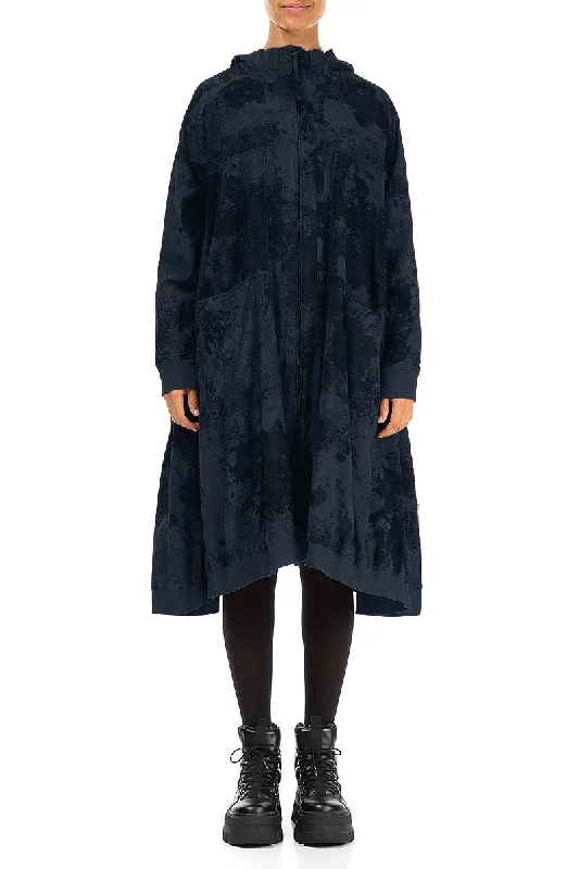 Oversized Midnight Blue Marble Cotton Swing Coat Suede Faux Fur Shearling