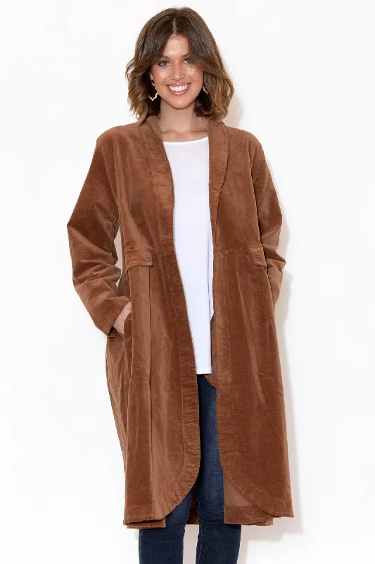 Genevieve Brown Velvet Coat Raincoat Turtleneck Coat Wrap Coat