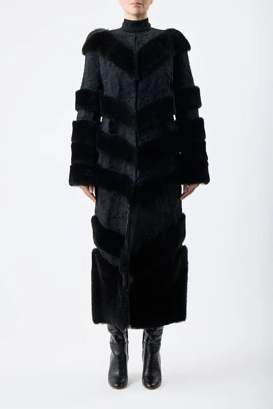 Hugh Embroidered Coat in Black Suede with Shearling Raincoat Turtleneck Coat Wrap Coat