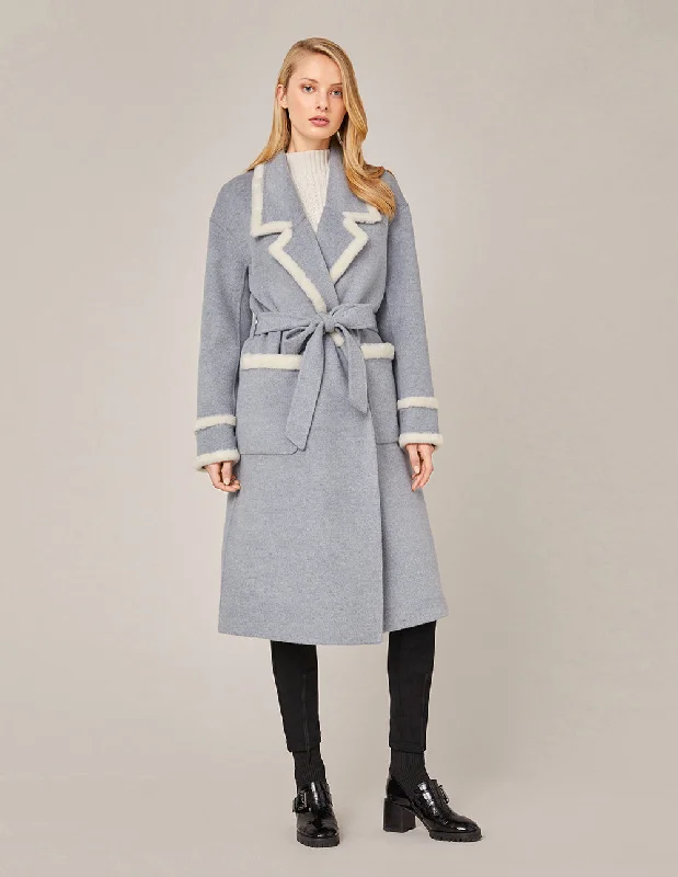 MARYLING CONTRAST FUR TRIM SPLICED WOOL COAT Asymmetrical Collar Hooded Zippered