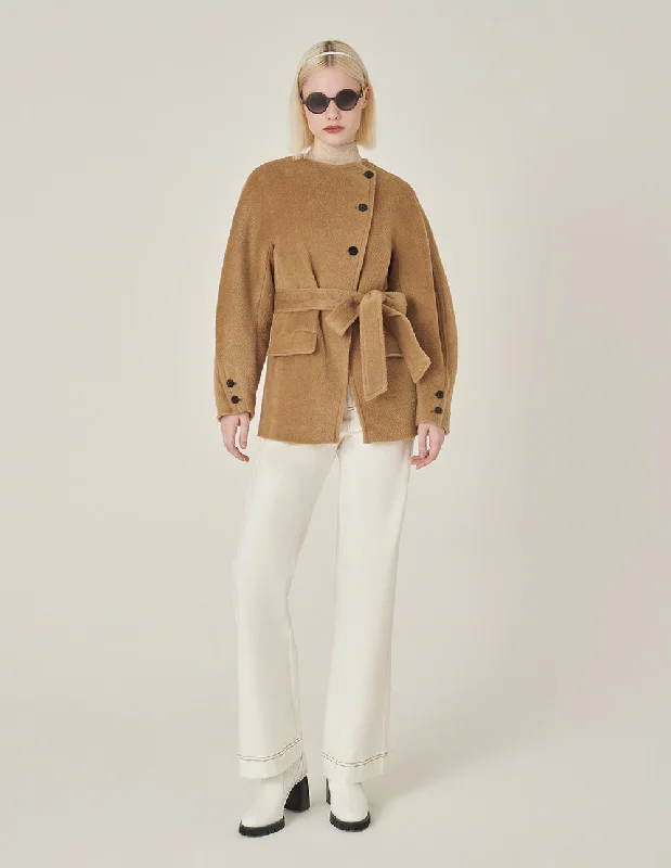 MARYLING Crew-Neck Single Oblique Breasted Belted Long-Sleeve Cashmere Coat Shawl Collar Notch Collar Lapel Collar