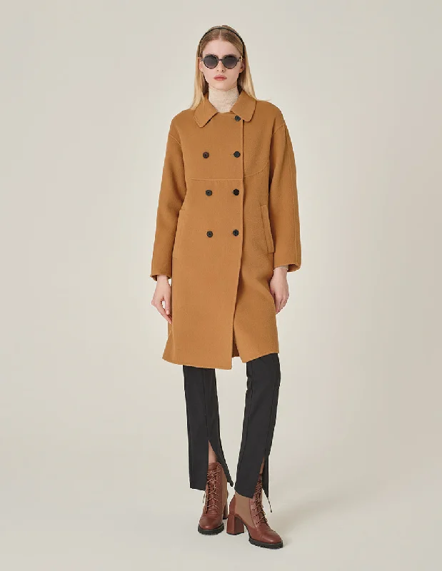 MARYLING Round-Neck Double-Breasted H-Shaped Camel-Colored Cashmere Coat Boat Neck Jacket Square Neck Jacket One-Shoulder Jacket