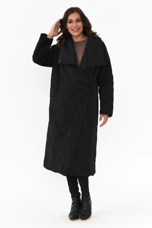 Halle Black Longline Wrap Coat Fleece Down Feather