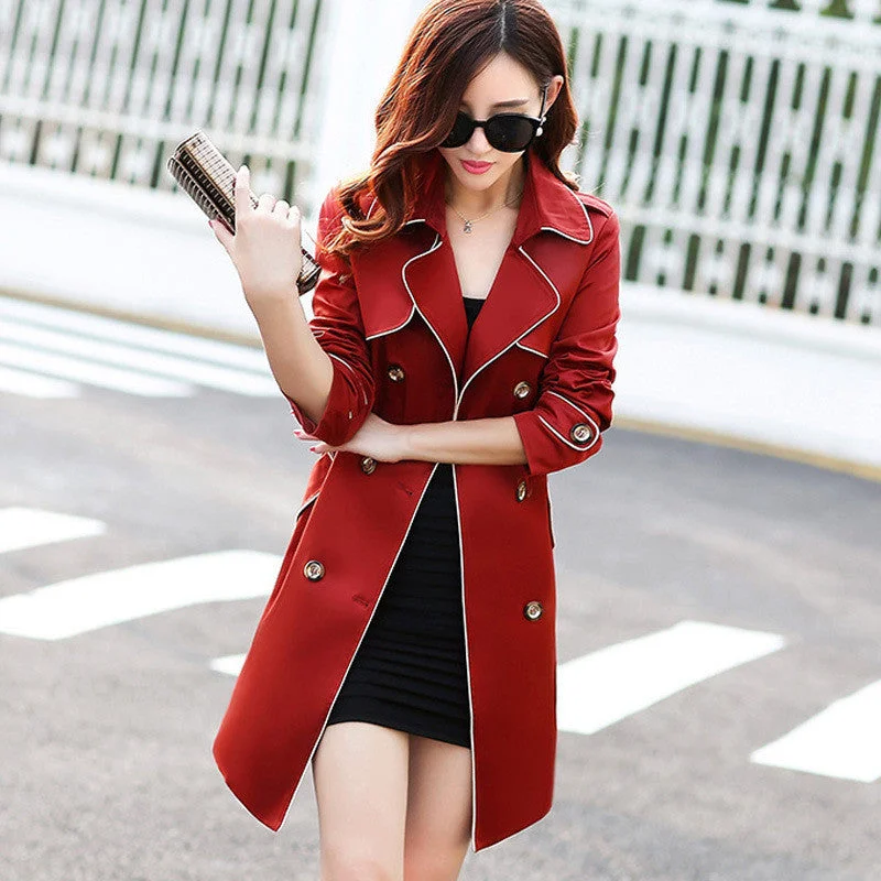 Coat Slim Trench Coat For Women Double-breasted women coat Sashes Coat Female Khaki Windbreaker Women H31303 Front Pockets Side Pockets Patch Pockets