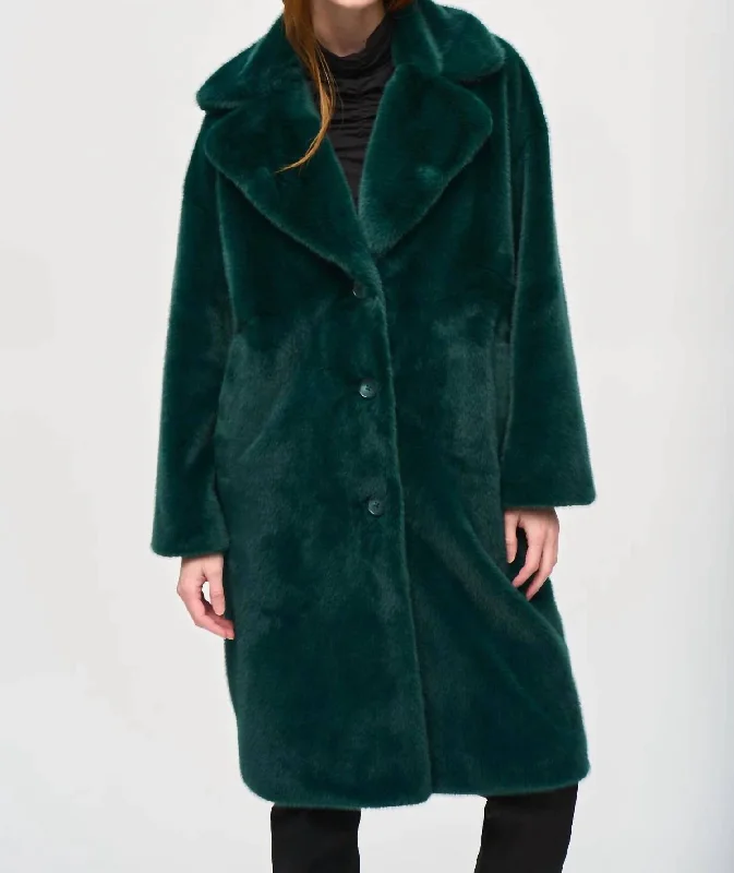 Faux Fur Straight Coat In Absolute Green Trim Padded Insulated