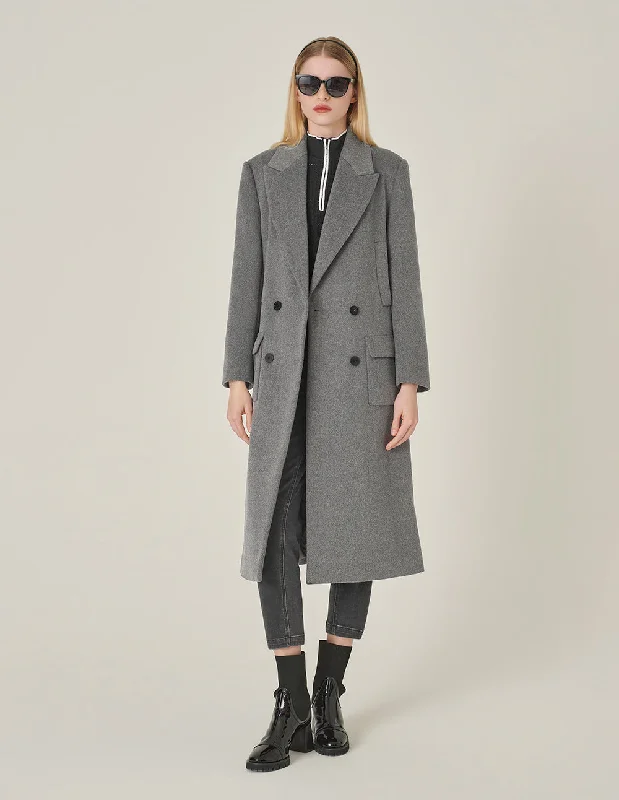 MARYLING Gray Double-Breasted Lapel Long Coat Cape Coat Herringbone Coat Tweed Coat