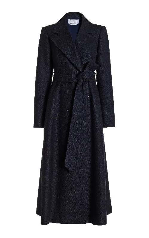 Reith Trench Coat in Dark Navy Multi Virgin Wool Tweed Cuffed Rolled Raglan