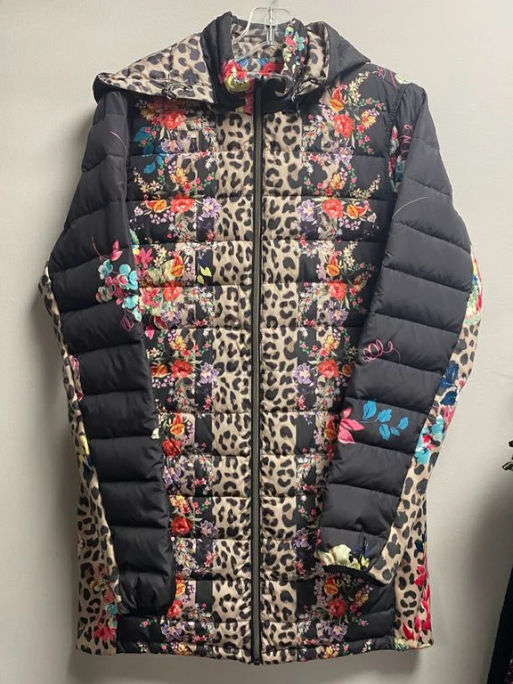 Johnny Was Reversible Puffer Coat Leopard Floral Prints Size S Hood Print Jacquard Embroidered