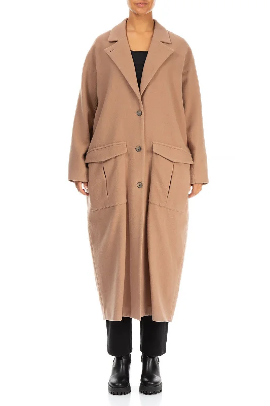 Balloon Flap Pockets Brown Wool Coat Trim Padded Insulated