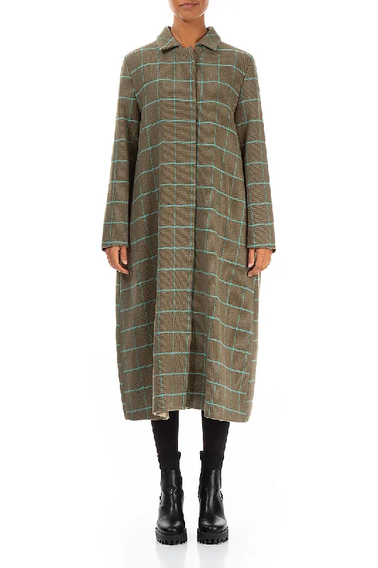 Flared Back Checkered Green Wool Coat Suede Faux Fur Shearling