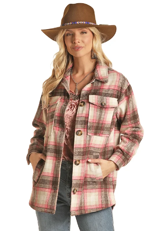 Rock & Roll Cowgirl Women's Buttoned Plaid Coat Natural Quilted Jacket Anorak Windbreaker